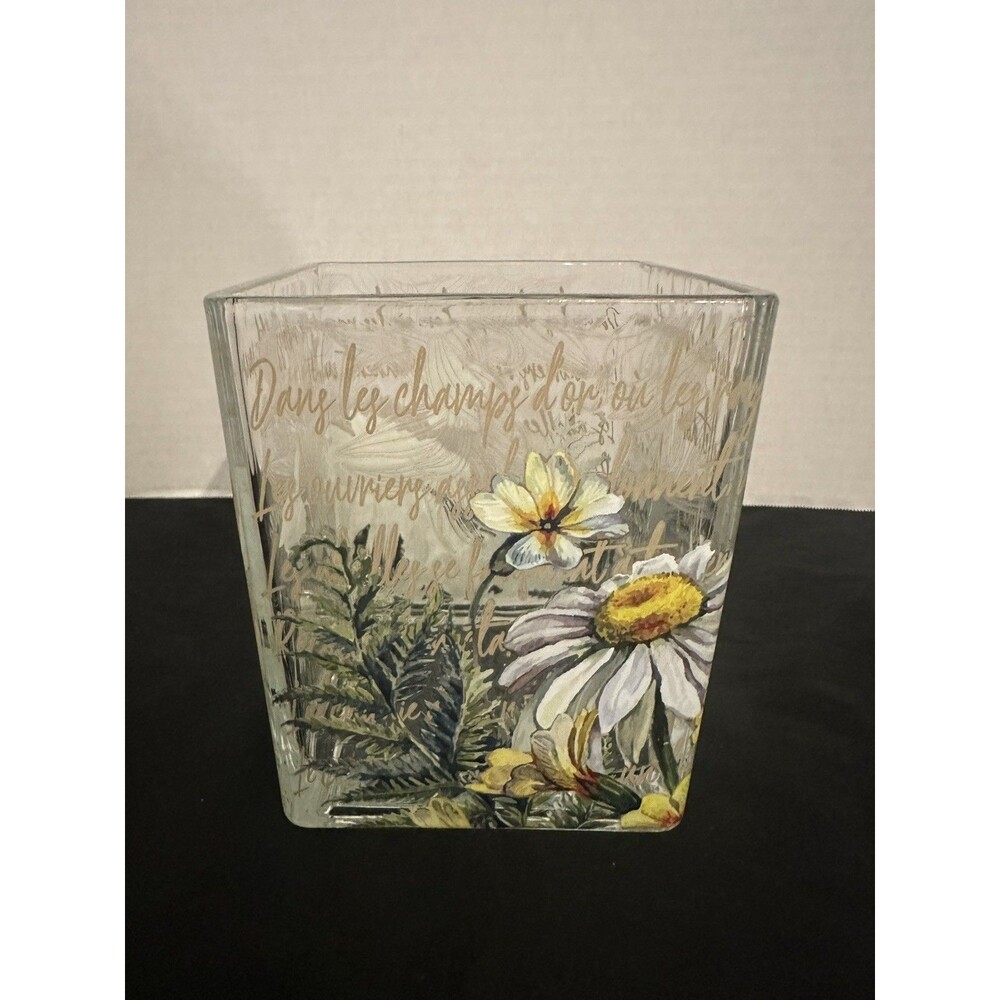 Teleflora Floral Square Glass Vase Cube Bee & French Script Design 4” Decorativ